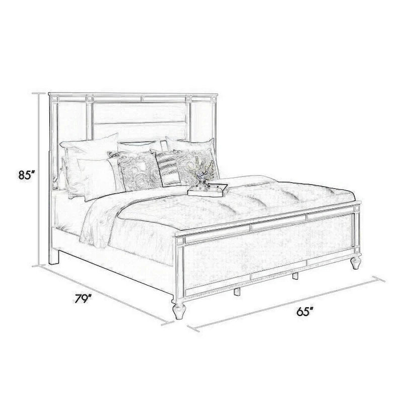 Lio Modern King Size Bed, LED, Mirror Trim, Silver Velvet Tufted Upholstery