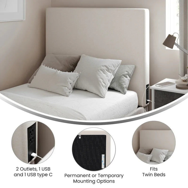 Upholstered Headboard with 2 Power Outlets, 1 USB, 1 USB-C Port