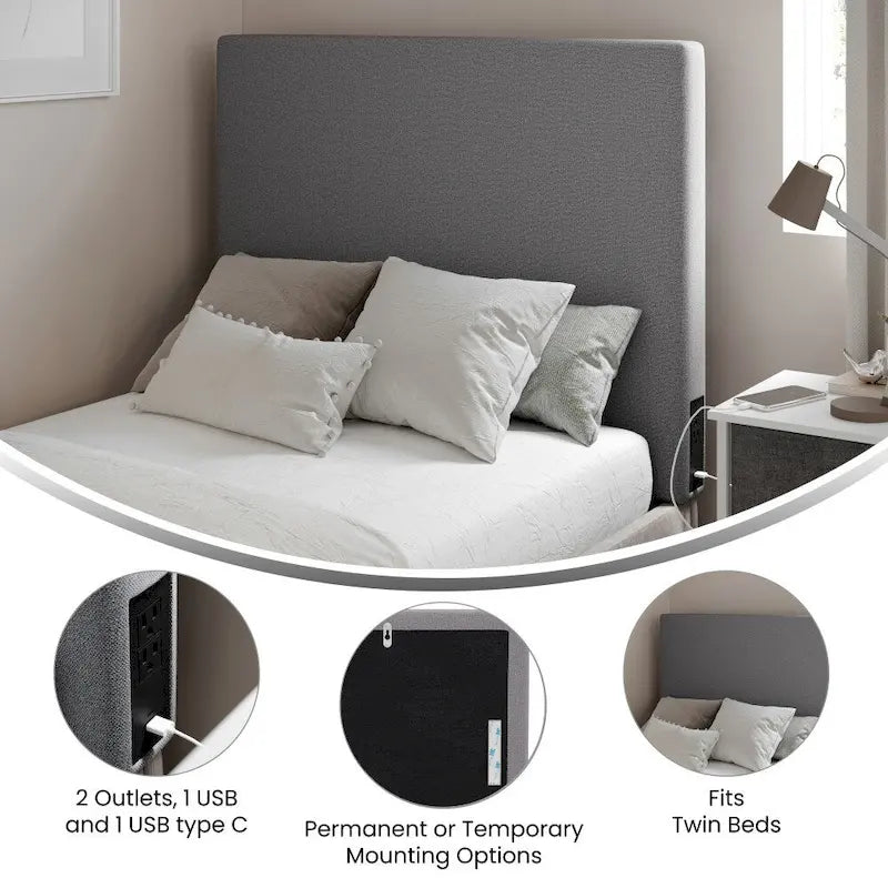Upholstered Headboard with 2 Power Outlets, 1 USB, 1 USB-C Port