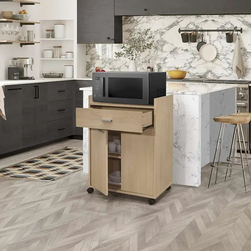 Kitchen Microwave Cart, Accent Storage Cabinet with 1 Drawer and 2 Doors, Beech
