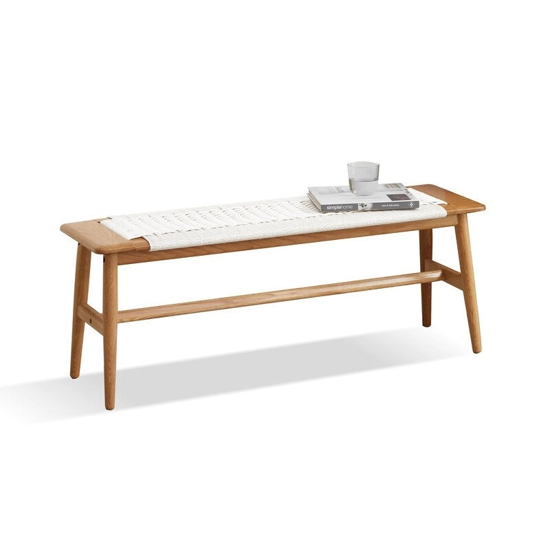 Woven Design Natural Oak Wood Dining Bench, Bed Bench, Entryway Bench, for Dining Room, Bedroom, Bathroom