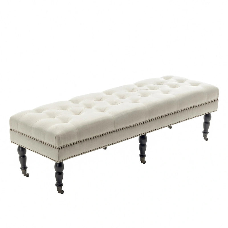 Porthos Home Juna Fabric Accent Bench with Rubberwood Legs and Wheels