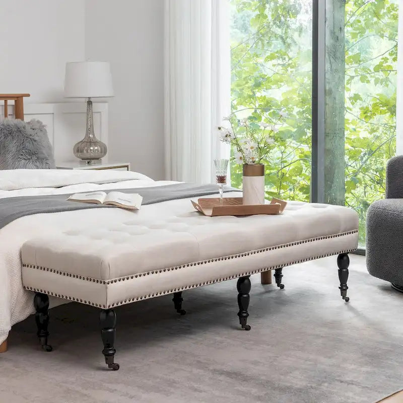 Porthos Home Juna Fabric Accent Bench with Rubberwood Legs and Wheels