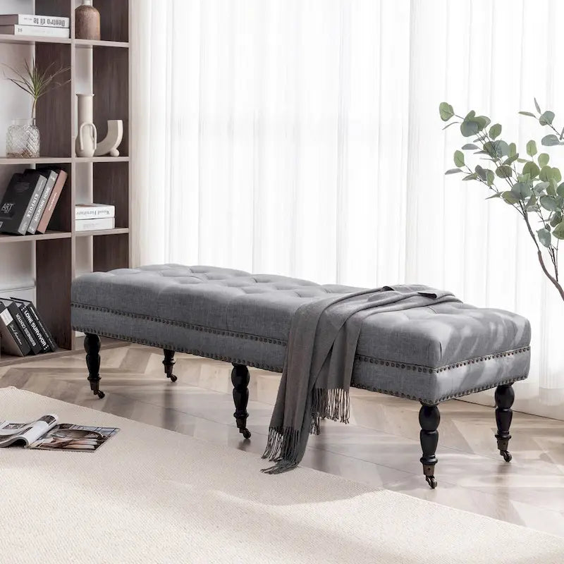 Porthos Home Juna Fabric Accent Bench with Rubberwood Legs and Wheels