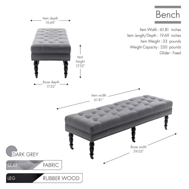 Porthos Home Juna Fabric Accent Bench with Rubberwood Legs and Wheels