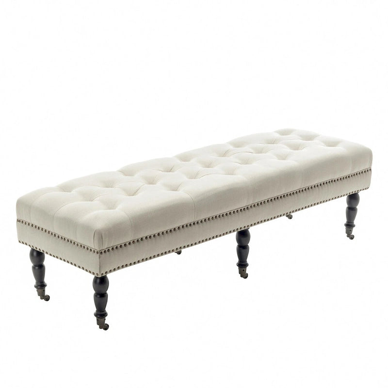 Porthos Home Juna Fabric Accent Bench with Rubberwood Legs and Wheels