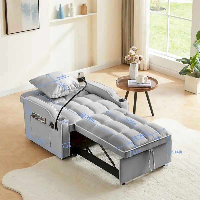 Convertible Sleeper Sofa Bed with USB-Port and Cup Holders