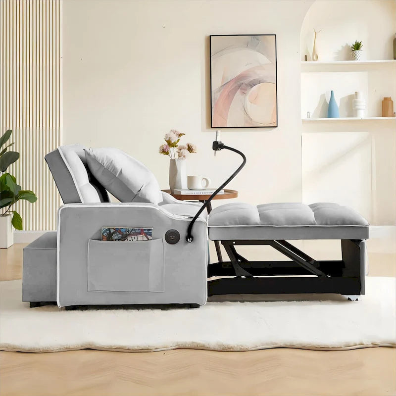 Convertible Sleeper Sofa Bed with USB-Port and Cup Holders