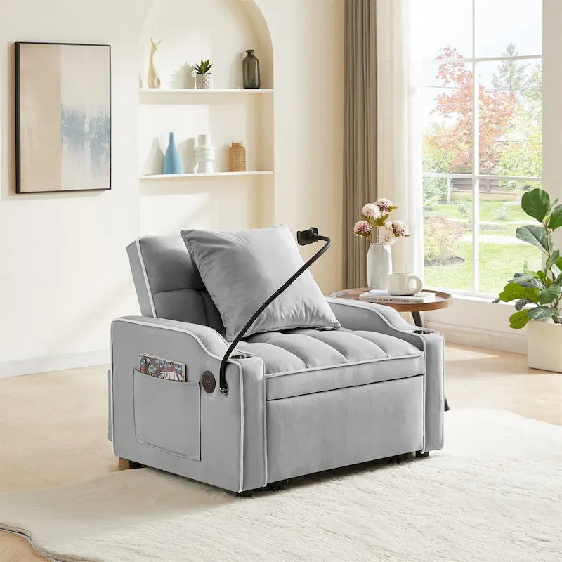 Convertible Sleeper Sofa Bed with USB-Port and Cup Holders