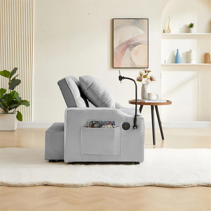 Convertible Sleeper Sofa Bed with USB-Port and Cup Holders