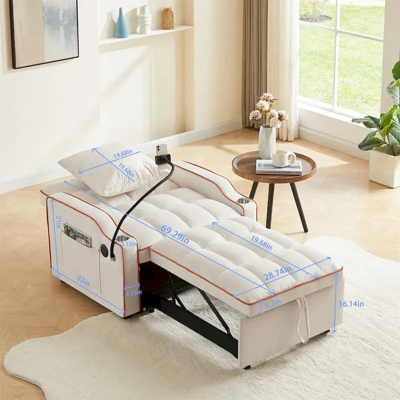 Convertible Sleeper Sofa Bed with USB-Port and Cup Holders