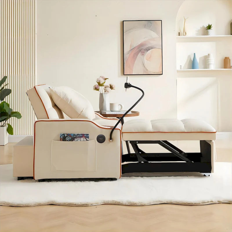 Convertible Sleeper Sofa Bed with USB-Port and Cup Holders