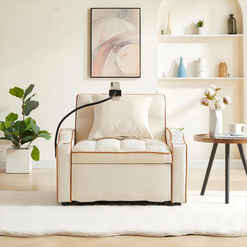 Convertible Sleeper Sofa Bed with USB-Port and Cup Holders