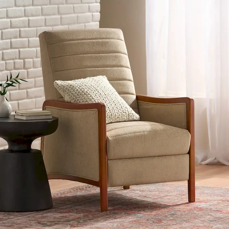 Mid Century Modern Fabric Channel Stitch Wood Pushback Recliner