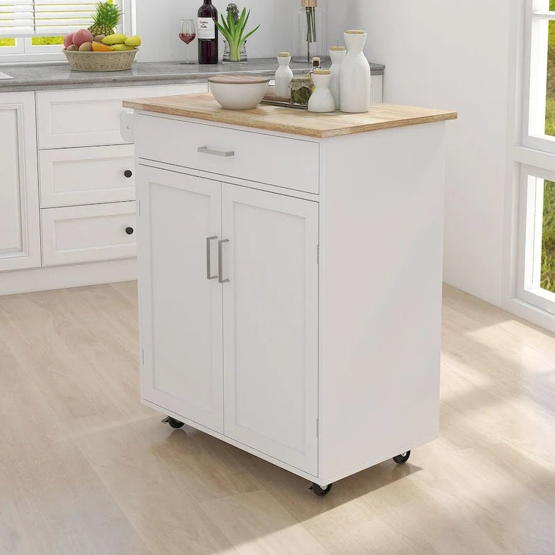 32.87 W Modern Rubberwood Countertop Kitchen Island with Adjustable Shelves and Towel Racks