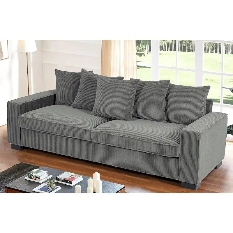 Luxe Living Room Sofa with 5 Complementary Toss Pillows Soft Corduroy Upholstery Streamlined Large