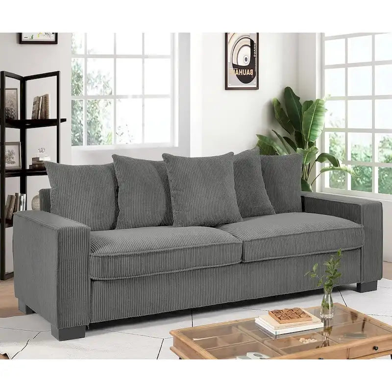 Luxe Living Room Sofa with 5 Complementary Toss Pillows Soft Corduroy Upholstery Streamlined Large