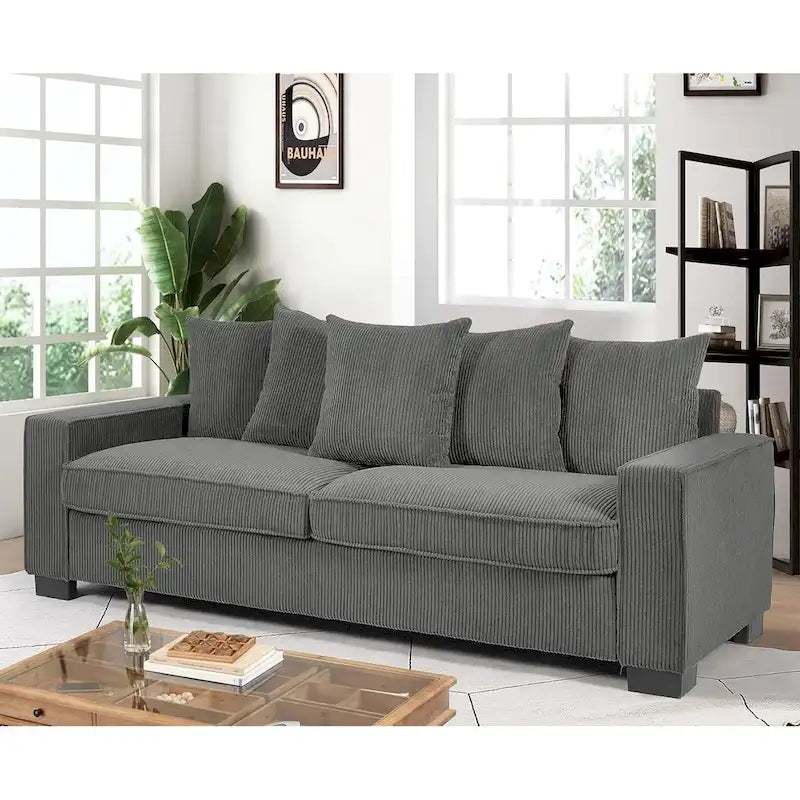 Luxe Living Room Sofa with 5 Complementary Toss Pillows Soft Corduroy Upholstery Streamlined Large