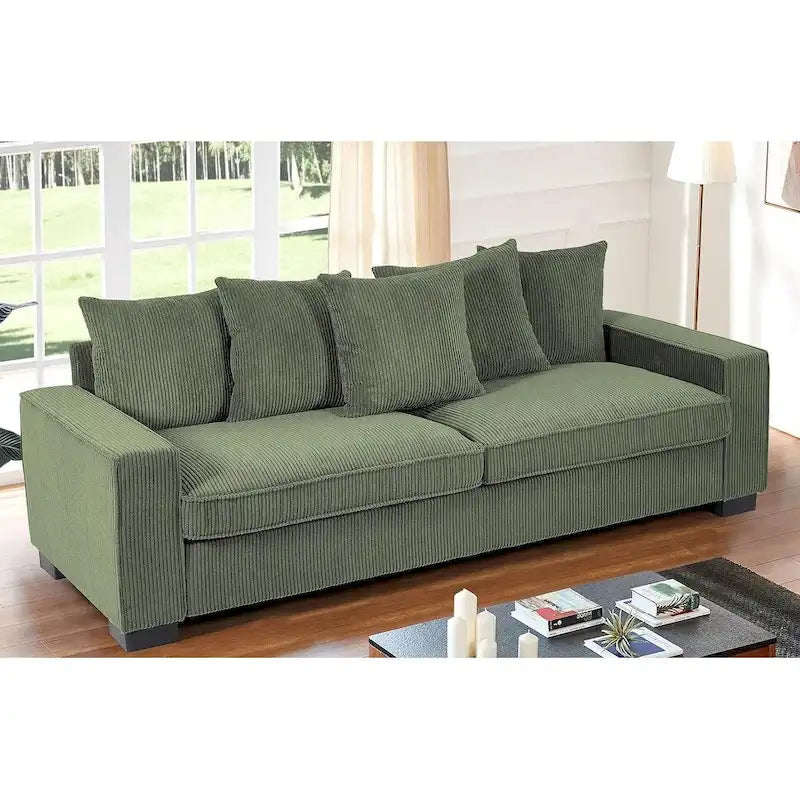 Luxe Living Room Sofa with 5 Complementary Toss Pillows Soft Corduroy Upholstery Streamlined Large