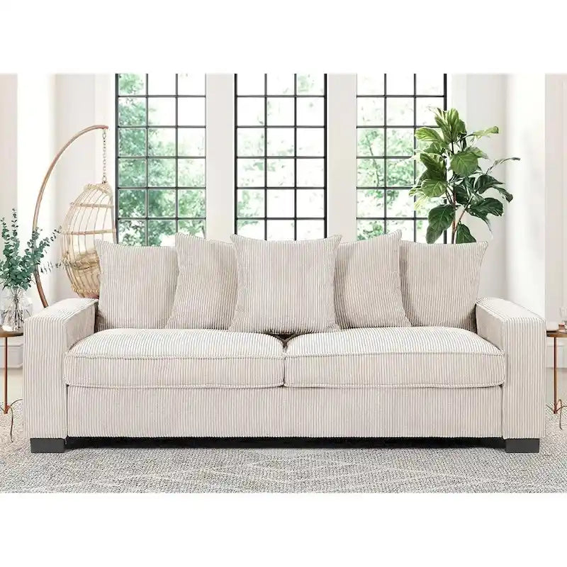 Luxe Living Room Sofa with 5 Complementary Toss Pillows Soft Corduroy Upholstery Streamlined Large