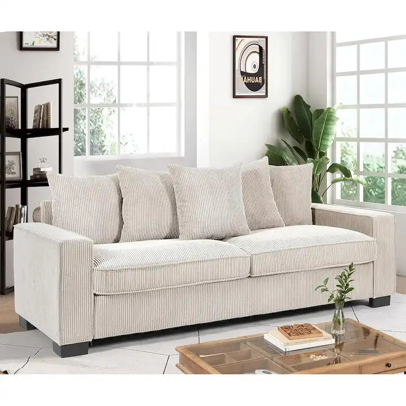 Luxe Living Room Sofa with 5 Complementary Toss Pillows Soft Corduroy Upholstery Streamlined Large