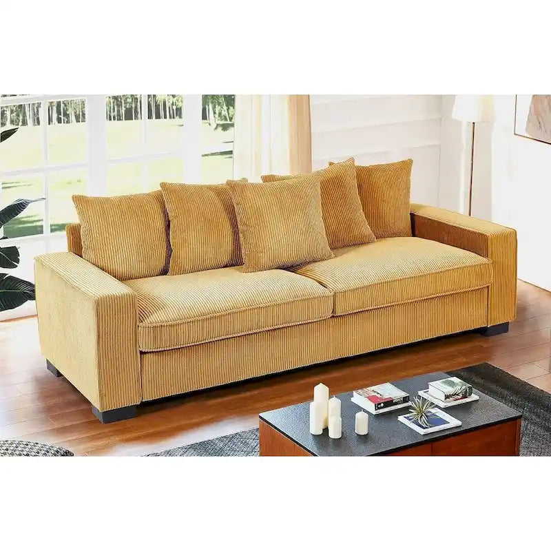 Luxe Living Room Sofa with 5 Complementary Toss Pillows Soft Corduroy Upholstery Streamlined Large