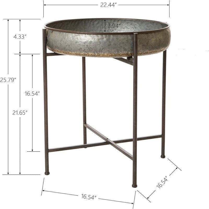 Folding Galvanized Side Table Waterproof Coffee Table - 22.44D x 22.44W x 25.79H