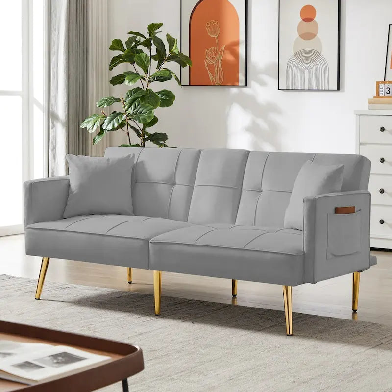 Velvet Futon Sofa Bed with Gold Metal Legs for Living Room, Entryway, Hallway, Office