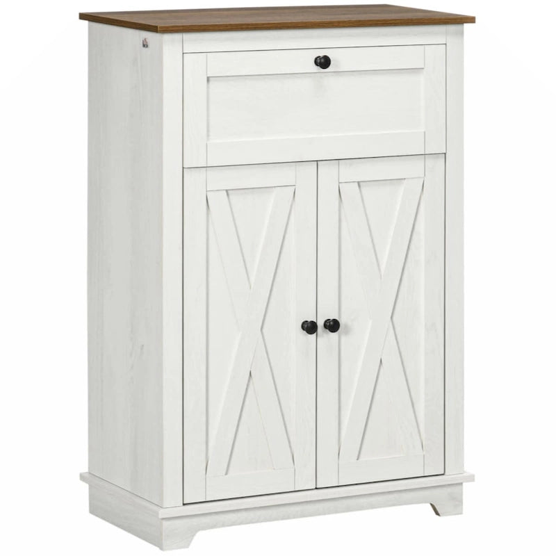 Farmhouse Barn Door Accent Cabinet, Kitchen Sideboard Storage Cabinet with Double Doors, Drawer,White