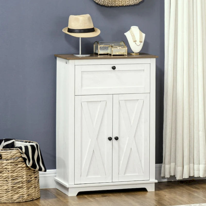 Farmhouse Barn Door Accent Cabinet, Kitchen Sideboard Storage Cabinet with Double Doors, Drawer,White