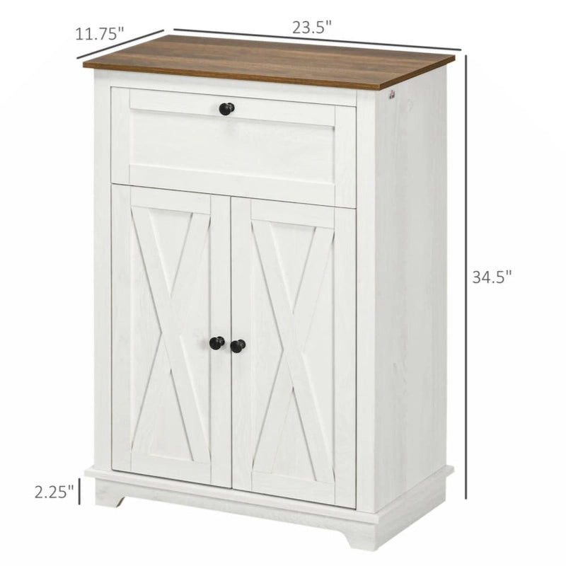Farmhouse Barn Door Accent Cabinet, Kitchen Sideboard Storage Cabinet with Double Doors, Drawer,White