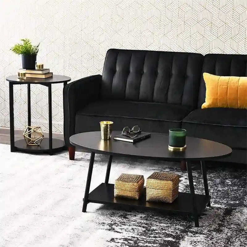 Oval Rustic Coffee Table with Storage Shelf - 23.43D x 39.37W x 16.54H