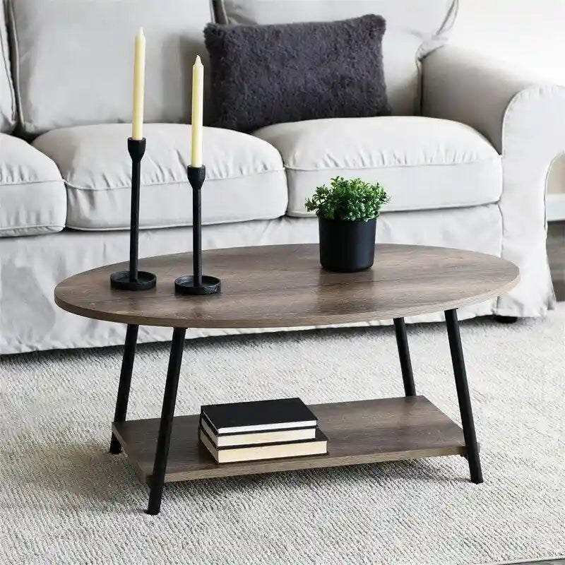 Oval Rustic Coffee Table with Storage Shelf - 23.43D x 39.37W x 16.54H