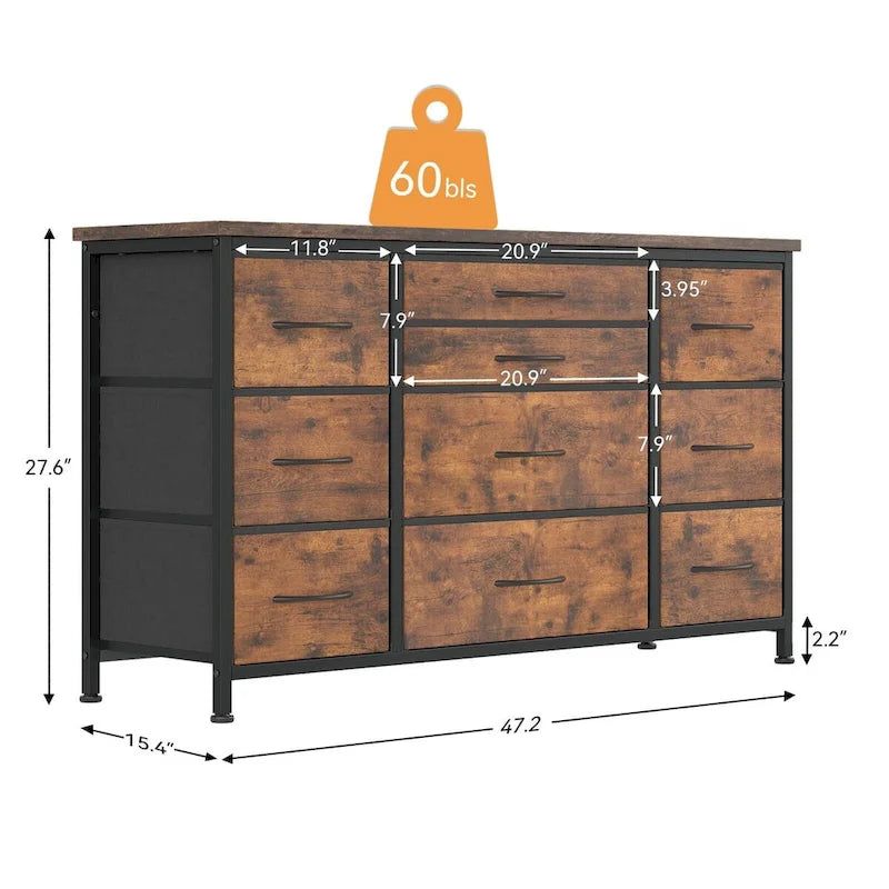 Bedroom Dresser with 10 Large Drawers for 55 Long TV Stand - 55 inches