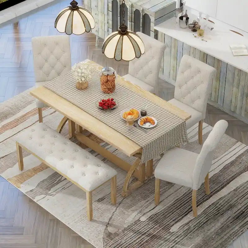 6-Piece Retro Rectangular Dining Table Set,Table with Unique Legs and 4 Upholstered Chairs & 1 Bench for Dining Room and Kitchen