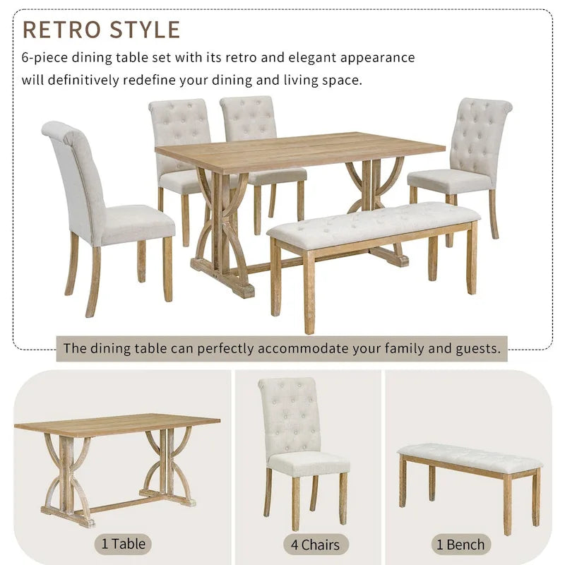 6-Piece Retro Rectangular Dining Table Set,Table with Unique Legs and 4 Upholstered Chairs & 1 Bench for Dining Room and Kitchen