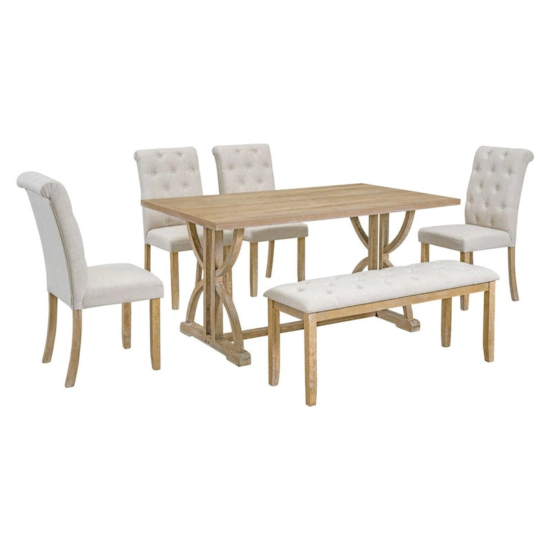 6-Piece Retro Rectangular Dining Table Set,Table with Unique Legs and 4 Upholstered Chairs & 1 Bench for Dining Room and Kitchen