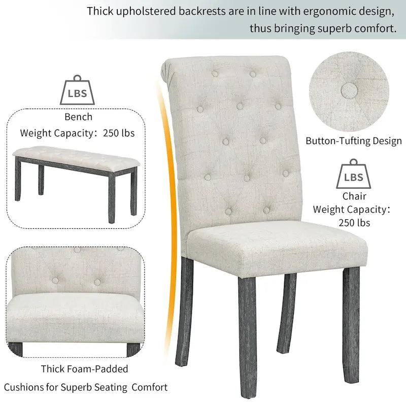 6-Piece Retro Rectangular Dining Table Set,Table with Unique Legs and 4 Upholstered Chairs & 1 Bench for Dining Room and Kitchen