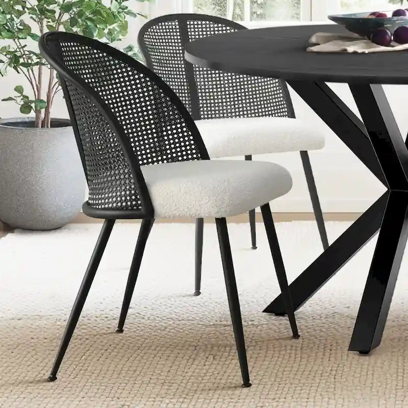 High Back Rattan Boucle Dining Chair