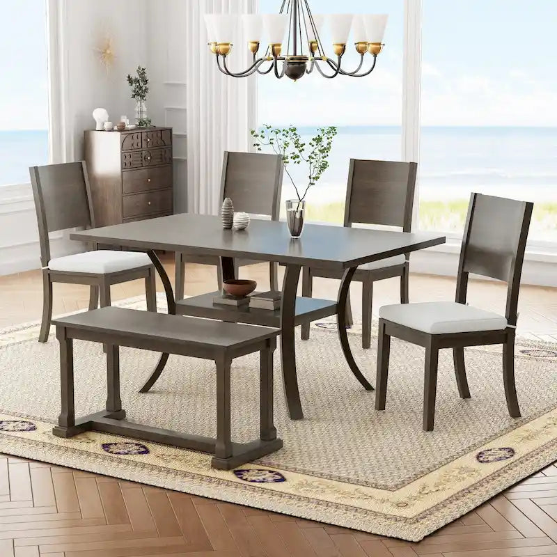 6-Piece Dining Table Set with Storage Shelf and Curved Legs, Kitchen Table Set with Bench and 4 Removable Cushions Dining Chairs