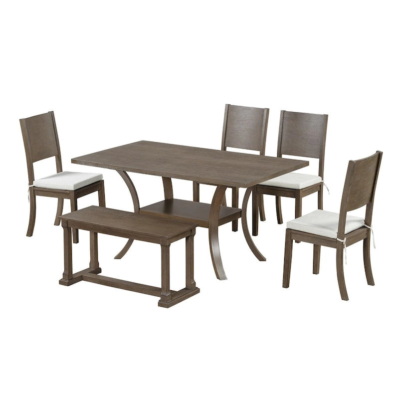 6-Piece Dining Table Set with Storage Shelf and Curved Legs, Kitchen Table Set with Bench and 4 Removable Cushions Dining Chairs
