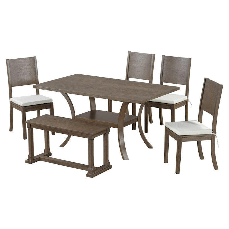 6-Piece Dining Table Set with Storage Shelf and Curved Legs, Kitchen Table Set with Bench and 4 Removable Cushions Dining Chairs