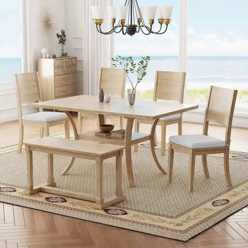 6-Piece Dining Table Set with Storage Shelf and Curved Legs, Kitchen Table Set with Bench and 4 Removable Cushions Dining Chairs