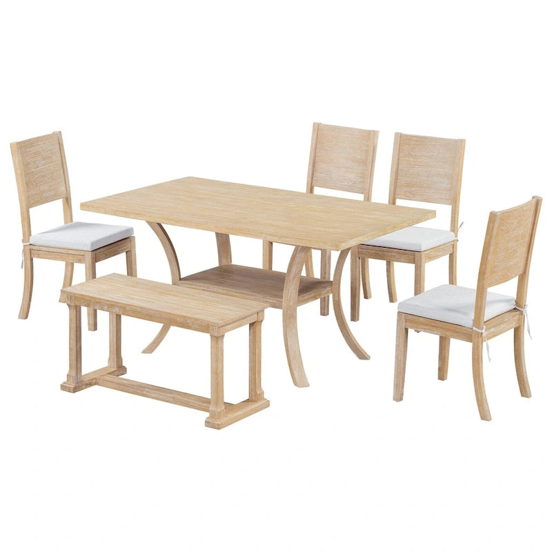 6-Piece Dining Table Set with Storage Shelf and Curved Legs, Kitchen Table Set with Bench and 4 Removable Cushions Dining Chairs