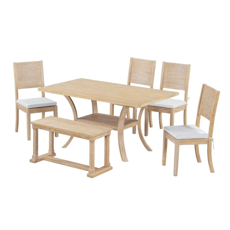 6-Piece Dining Table Set with Storage Shelf and Curved Legs, Kitchen Table Set with Bench and 4 Removable Cushions Dining Chairs