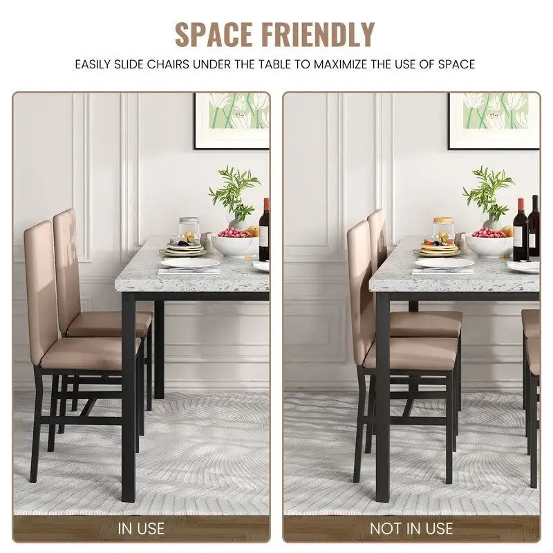 Grondin Mid-Century Modern Faux Marble Top 5-Piece Dining Table Set with 4 Faux Leather Matching Dining Chairs for Kitchen