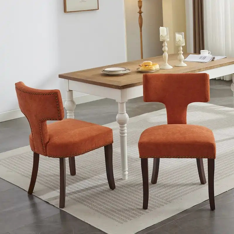 Modern Dining Chairs Set of 2, Farmhouse Linen Fabric Upholstered Accent Chair Curved Backrest with Copper Nails around