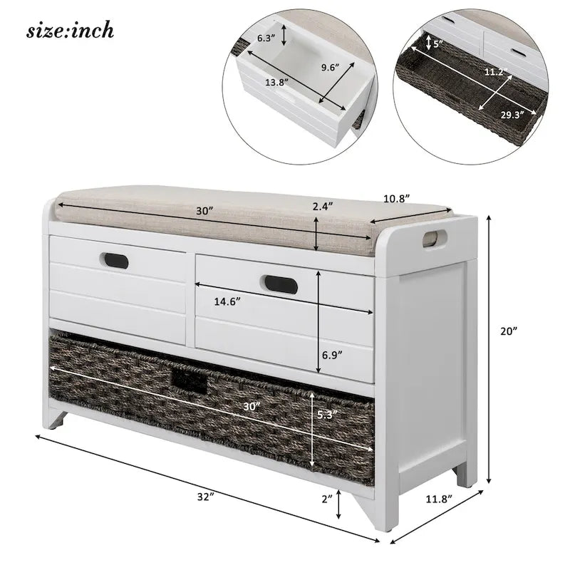 Storage Bench with Removable Basket and 2 Drawers