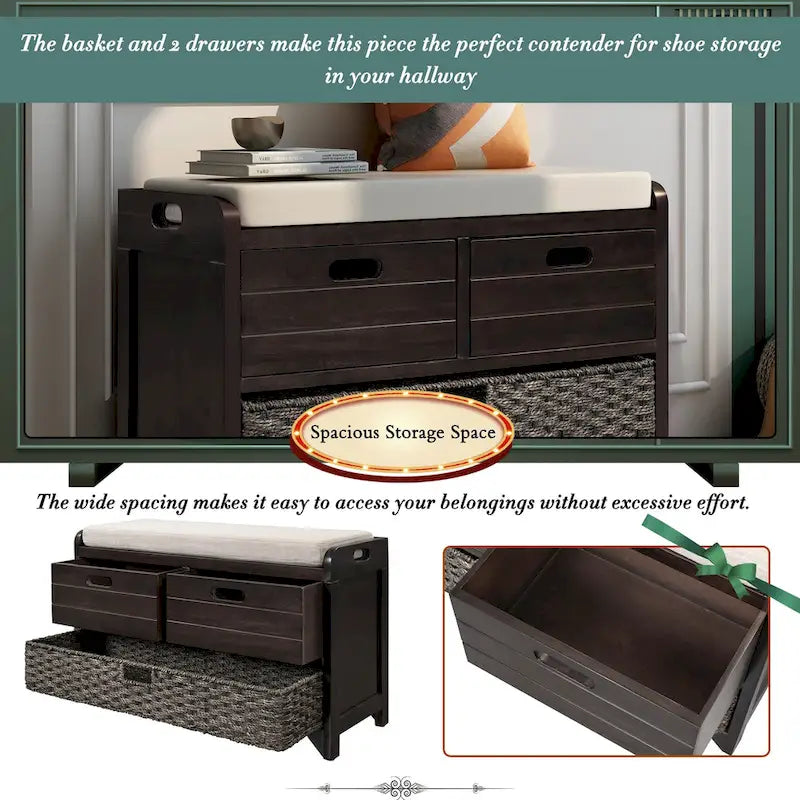 Storage Bench with Removable Basket and 2 Drawers