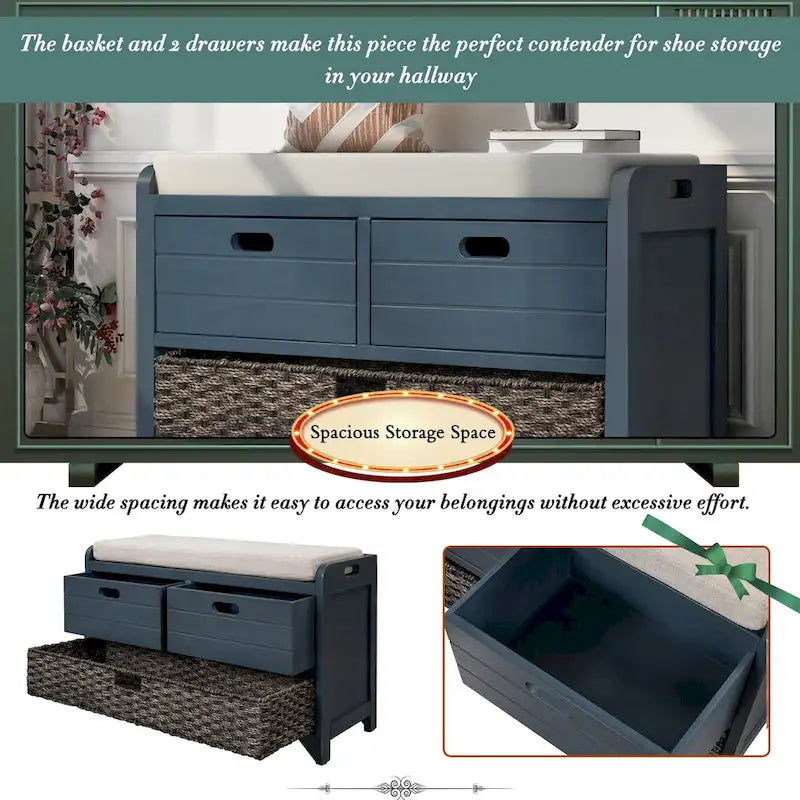 Storage Bench with Removable Basket and 2 Drawers